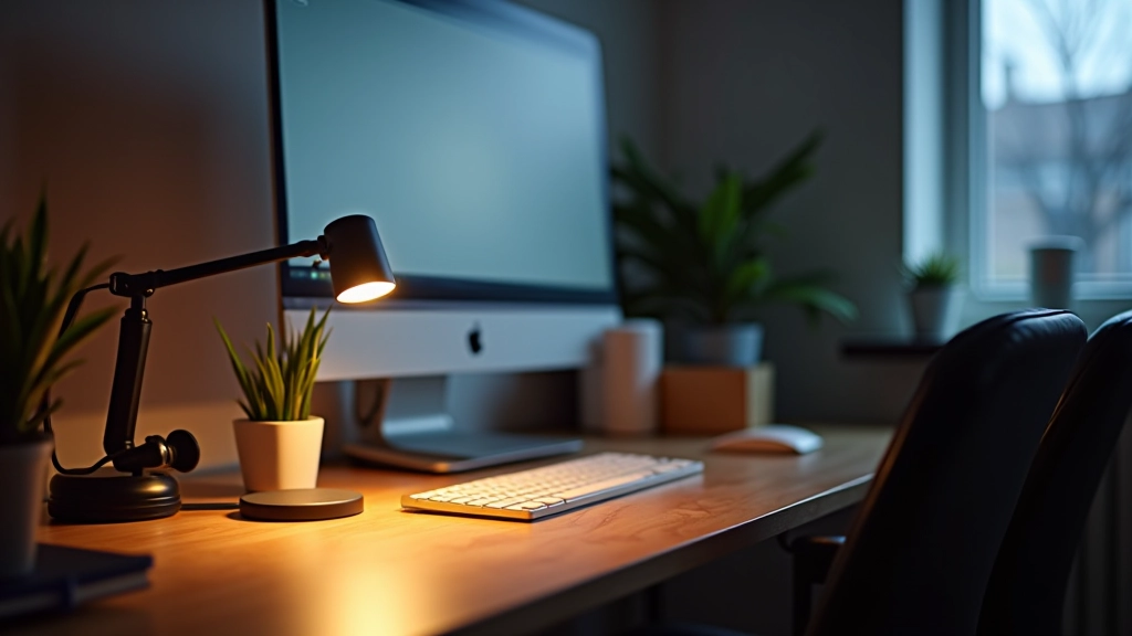 Darbvirsmas ar mājbirojs apgaismojuma iestatījumiem — lampa, dienas gaisma, ekrāna apgaismojums