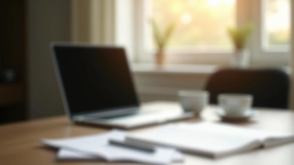 Moderns biroja galds ar laptopi, pierakstiem un kafijas tasi, dabīga gaisma no loga