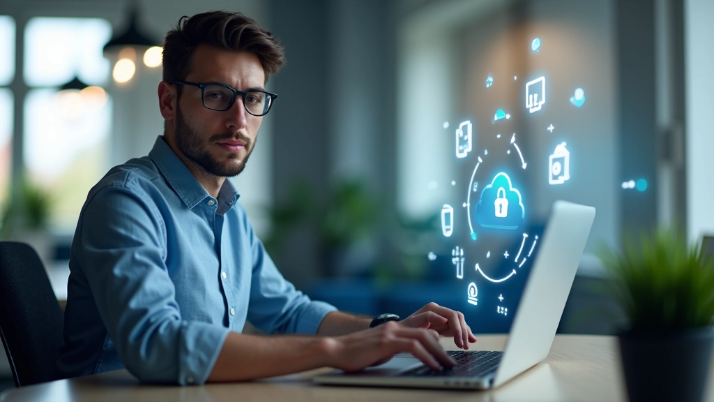 Profesionāls skaits ar dokumentiem, mākoņa ikonām un zaļu atzīmi drošības simbolam