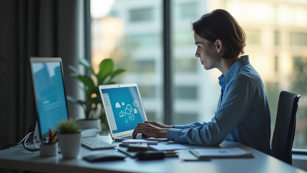 Personas darbā attālināti, mājas biroja telpā, dators ar mākoņu ikonām ekrānā