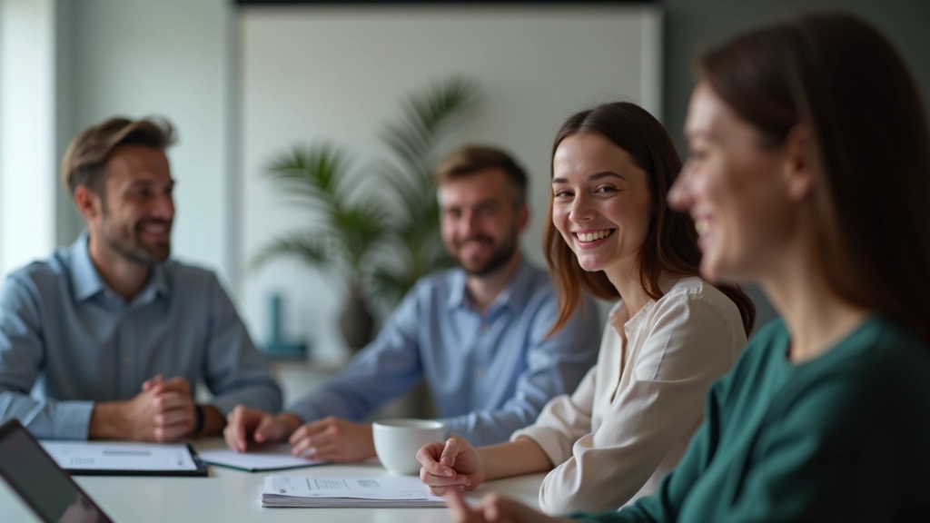 Komanda skaita sapulcē ar smaidiem, viens cilvēks rāda kaut ko uz ekrāna, pārējie klausās ar interesi