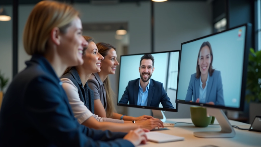 Trīs kolēģi sapulcēti ap virtuālo sapulci, kuriem redzami pozitīvi sejas izteiksme, tiešsaistes konferences ekrāns ar video lodziņiem