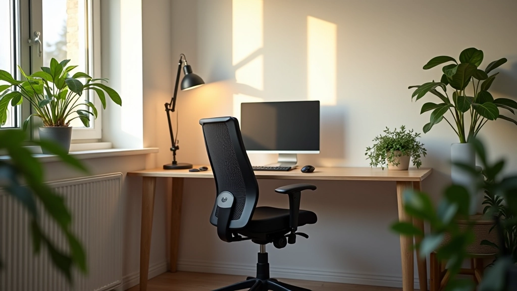 Mājas biroja telpa ar ergonomisku krēslu, lielu galdu, monitoru, zemu, augu un dabas gaismu no logas