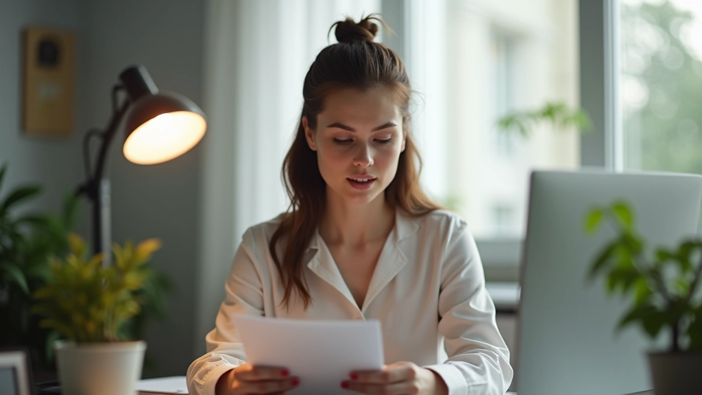 Sieviete pie laptopa videokonferencē, mājīgs biroja stūris, vidējā gaisma